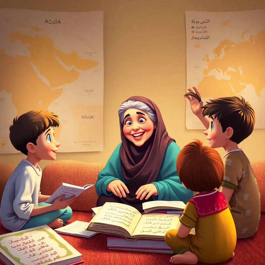 The grandmother animatedly explaining to the children about the Arabic language, surrounded by books and papers with Arabic letters on them, with maps of the Arabian Peninsula in the background, digital illustration, vibrant colors, engaging view, warm light