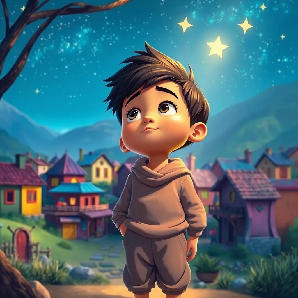 A small village with colorful houses, a young boy named Ahmed with short hair, wearing loose pajamas, looking up at twinkling stars, digital illustration, bright colors, magical atmosphere, high quality