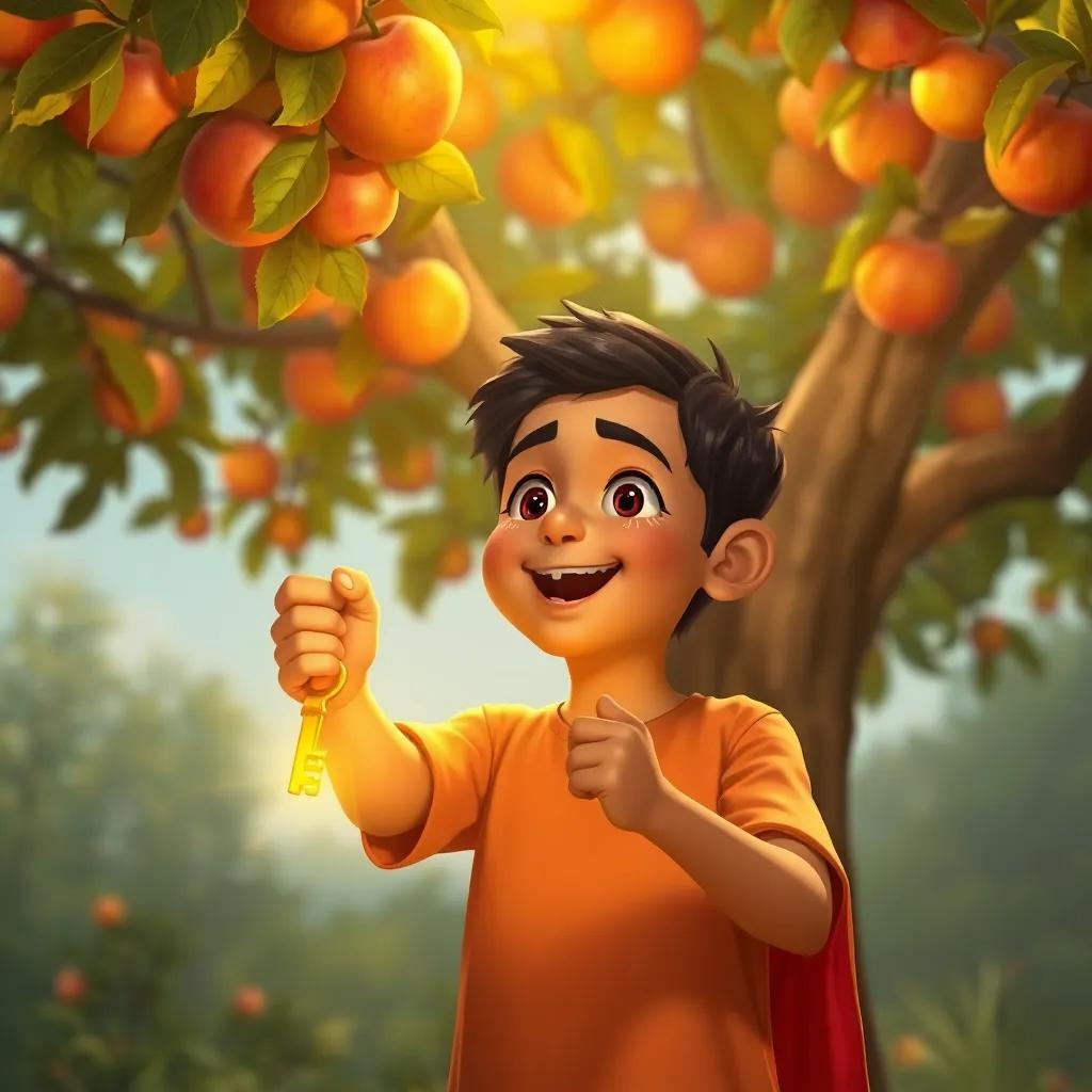 Ahmed holding a golden key shining under a glowing apple tree, excitement on his face, surrounded by nature, digital art, sunny colors, cheerful vibe, detailed