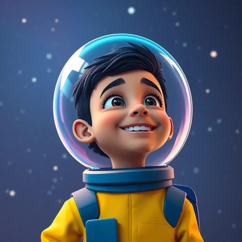 A young Arabic boy, Ahmad, with short black hair wearing a blue space helmet and a bright space suit, smiling brightly as he looks into the night sky filled with stars, digital art, vibrant colors, cheerful atmosphere, high quality