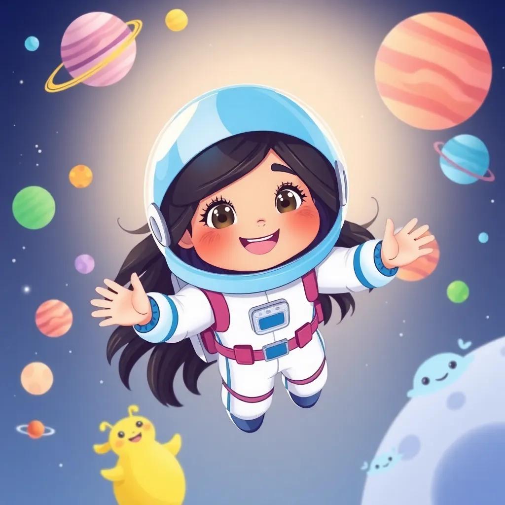 A young Arabic girl, Nour, with long dark hair wearing a blue space helmet and a matching space suit, floating in space, surrounded by colorful planets and friendly alien creatures, illustration, joyful, adventure-themed, child-friendly
