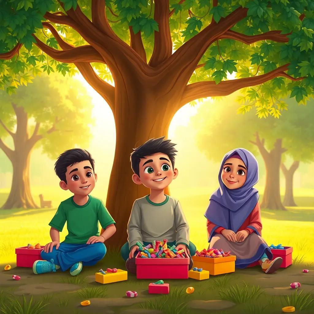 A 10-year-old Arab boy, Ahmed, sitting under a big tree in a park with friends Sulaiman, Muna, and Bilal, colorful candy boxes around them, cheerful and lively atmosphere, illustration, digital art, vibrant colors, warm sunlight, high quality
