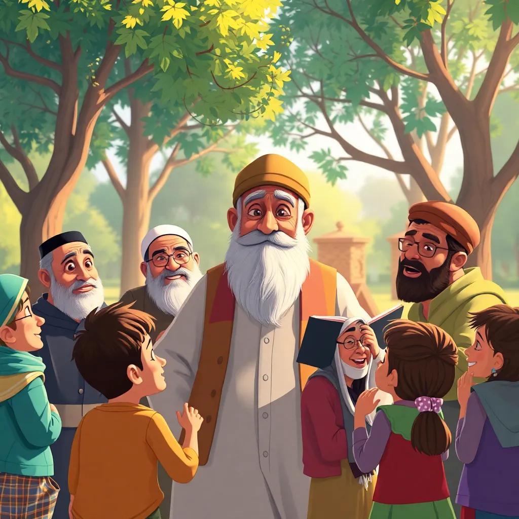 An old man, Imam Saleh, with a thick beard, wearing a hat and a clean shirt, surrounded by six men and seven women, gathered in a park with children around, telling stories animatedly, bright and welcoming scene, illustration, warm lighting, engaging expression, high quality