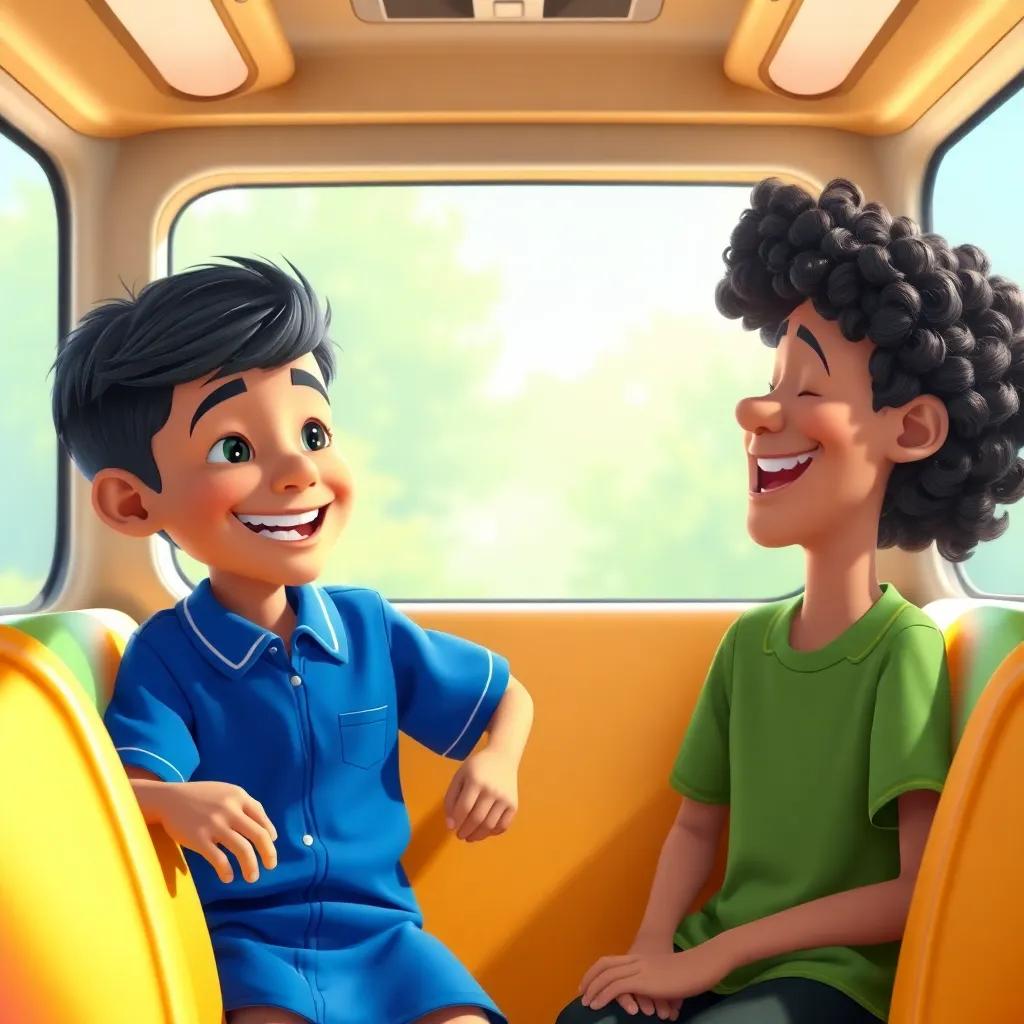 A young Arab boy, Ahmed, with short black hair wearing a blue school uniform, sitting in a colorful bus with his friend Yusuf, who has curly hair and is wearing a green shirt, laughing and having fun, cheerful atmosphere, bright colors, engaging scene, digital art, high quality