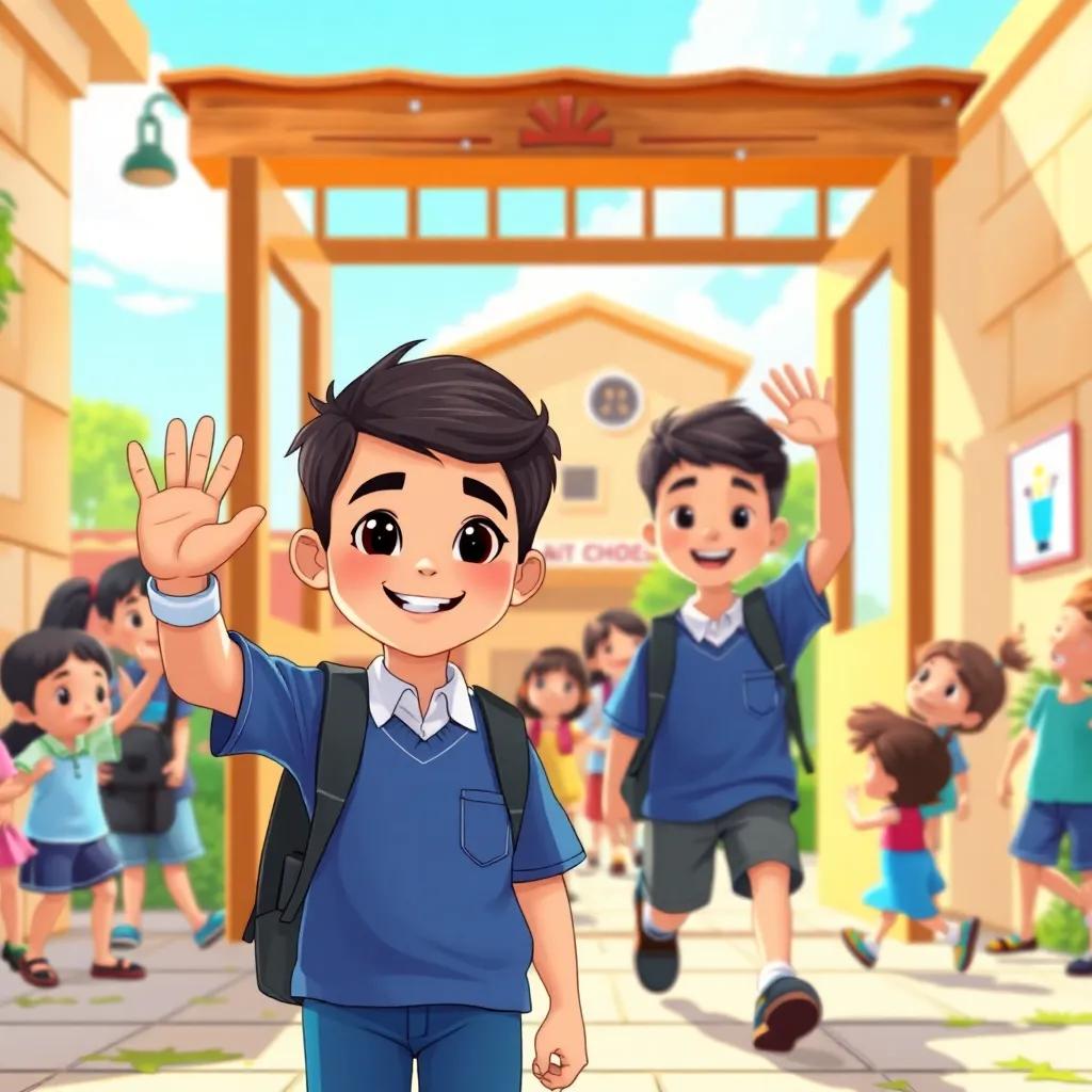 A young Arab boy, Ahmed, with short black hair in a blue school uniform, and his friend Yusuf waving at their friends at the school gate, surrounded by happy children playing, sunny day, vibrant school environment, illustration, warm and friendly vibe, high quality