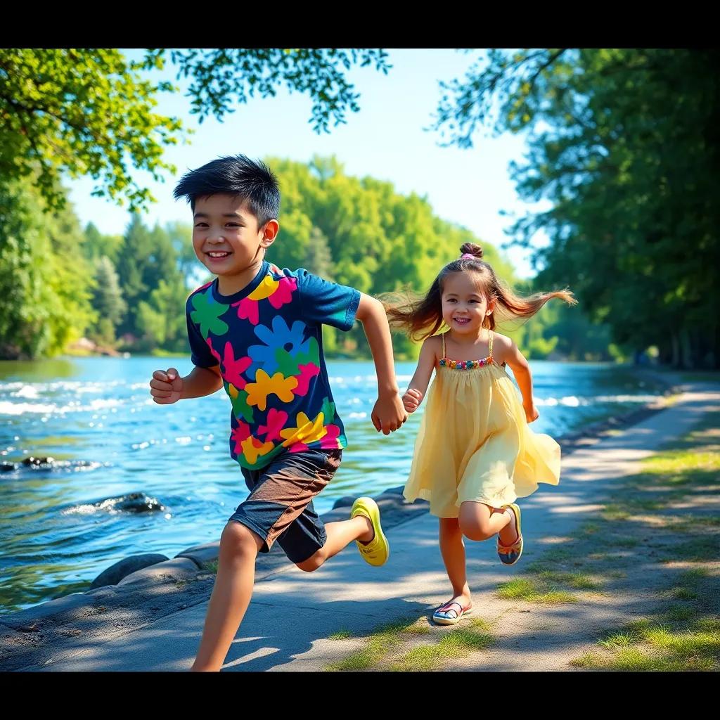A young boy, Ahmed, with short black hair, wearing a colorful t-shirt and shorts, running with a young girl, Elena, with long brown hair in a ponytail, wearing a bright dress, by a sparkling river with green trees around, joyful atmosphere, playful scene, cheerful colors, digital art, high quality