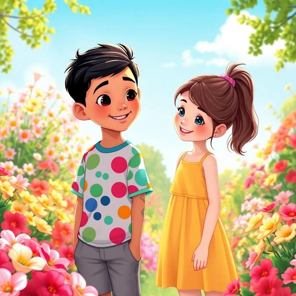 A boy, Ahmed, with short black hair, wearing a colorful t-shirt and shorts, standing in a beautiful garden filled with flowers, alongside a girl, Elena, with long brown hair in a ponytail, wearing a bright dress, both smiling and looking at blooming flowers, bright sunny day, warm light, inviting view, illustration, high quality