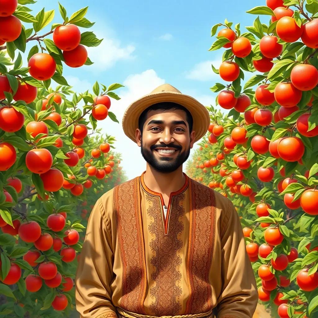 A farmer named Ahmad, with a warm smile, wearing a traditional outfit, standing among many trees full of red apples and oranges, bright sunny day, vibrant colors, cheerful atmosphere, friendly setting, detailed digital art