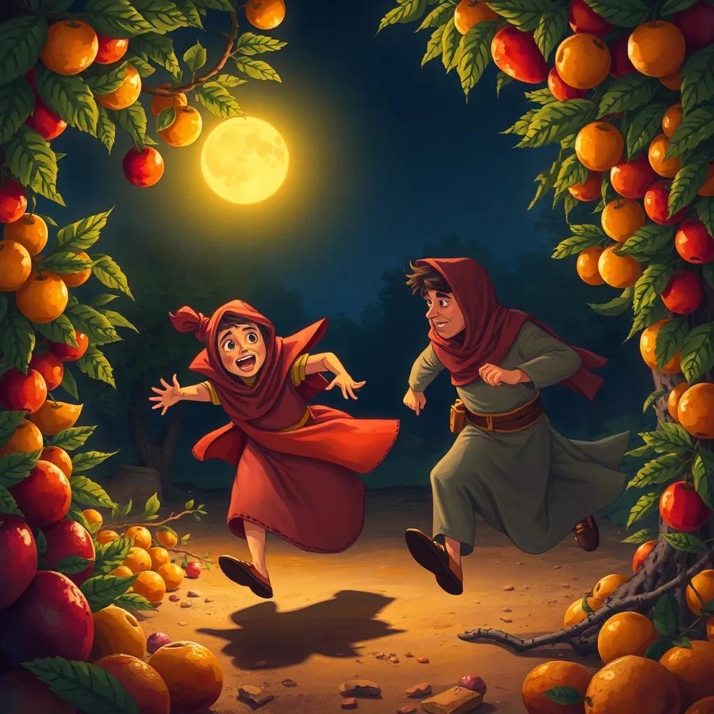 Khaled, a kind neighbor, running fast, catching a thief in Ahmad's orchard, surrounded by colorful fruits at night, dramatic lighting, tense scene, child-friendly illustration