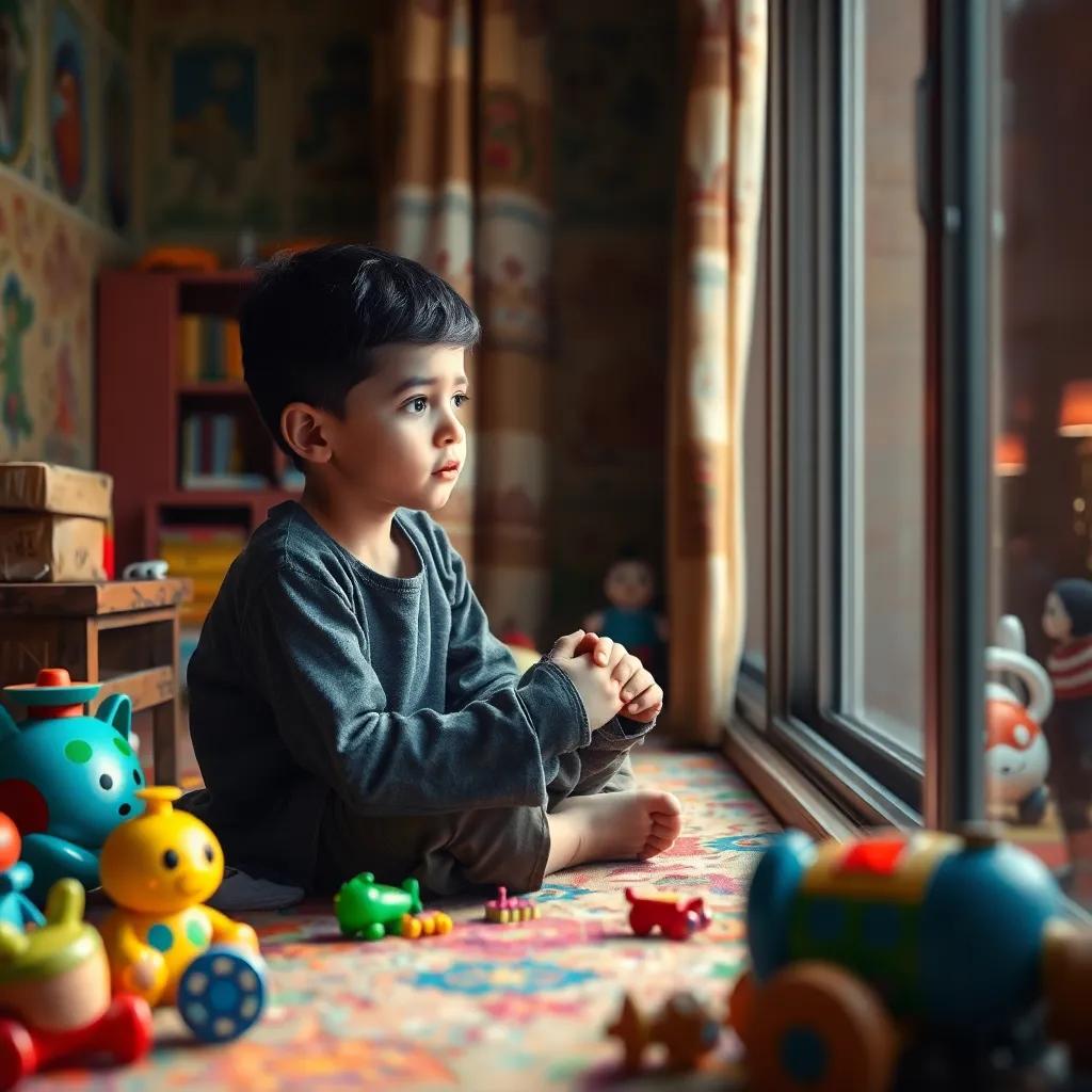 A young Tunisian boy, Ahmed, sitting sadly in his colorful room with toys scattered around, staring out of the window, digital art, warm colors, emotional atmosphere, highly detailed