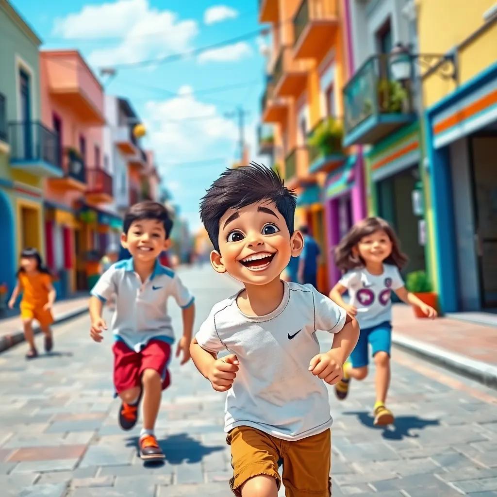 A young Tunisian boy, Ahmed, playing joyfully with friends in a vibrant street, running and laughing together under a blue sky, illustration, cheerful and lively, kid-friendly