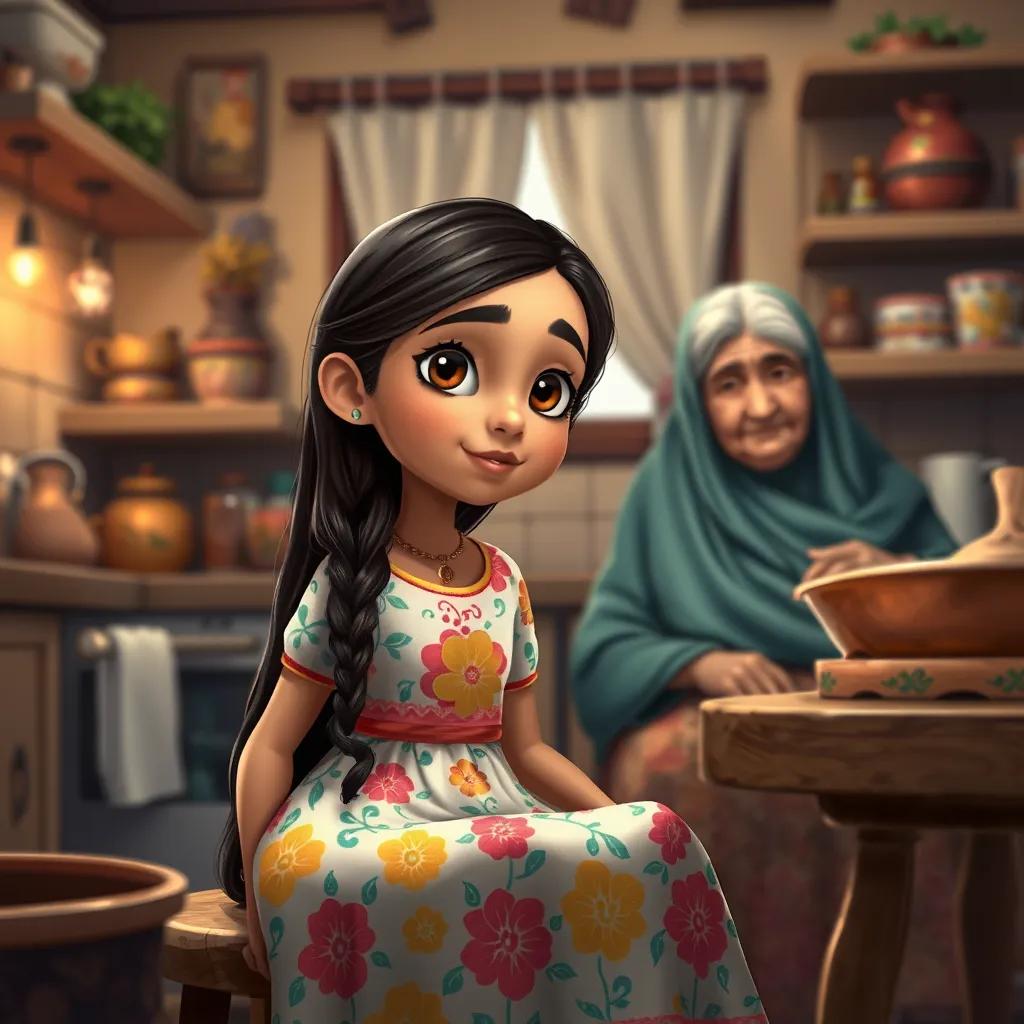A young Arab girl with long, dark hair wearing a colorful dress, sitting in a cozy kitchen with her grandmother, detailed digital art, warm colors, inviting atmosphere, high quality