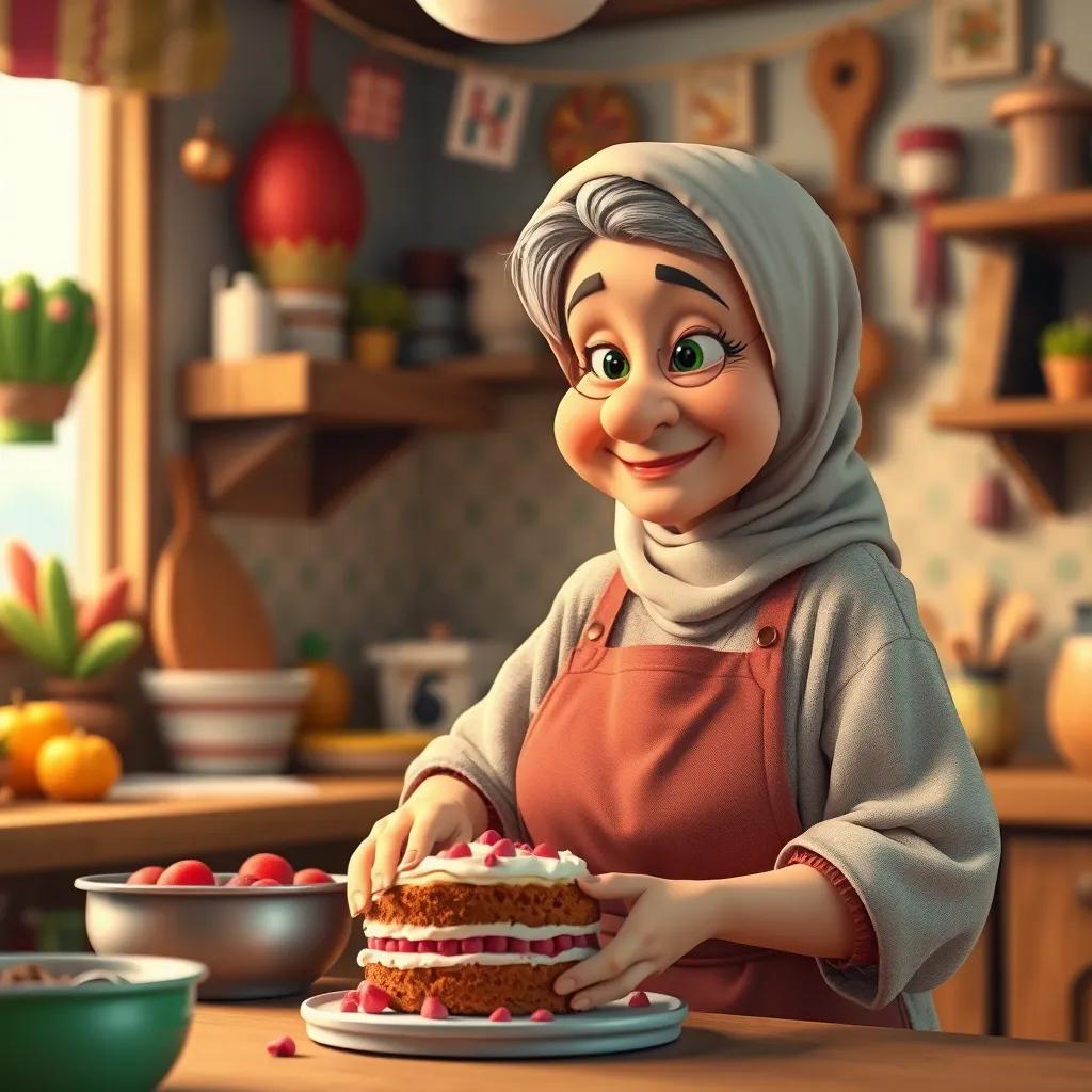 An elderly Arab woman with gray hair, wearing a traditional hijab and apron, baking a cake in a warm kitchen filled with colorful decorations, cheerful, homey vibes
