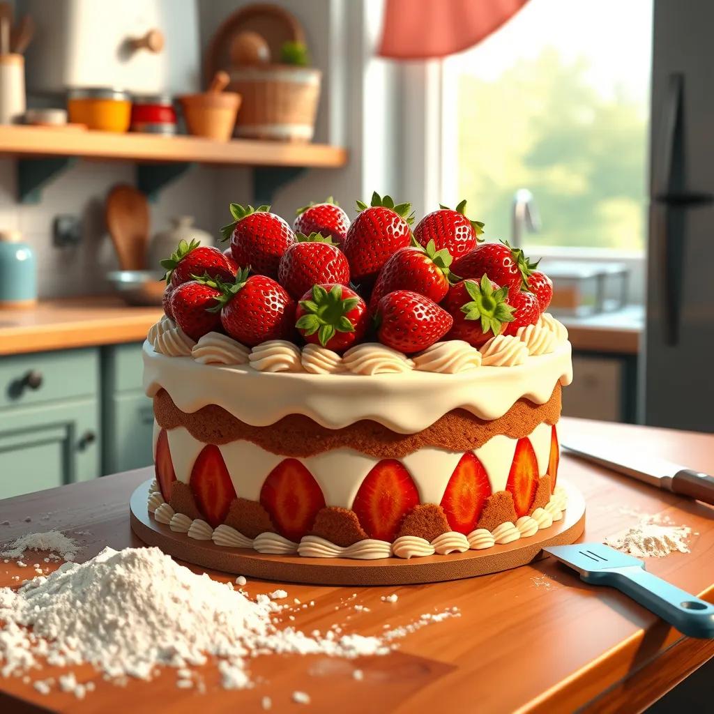 A beautiful cake with bright red strawberries on top, placed on a wooden table in a bright kitchen, surrounded by flour and baking tools, vibrant colors, inviting scene