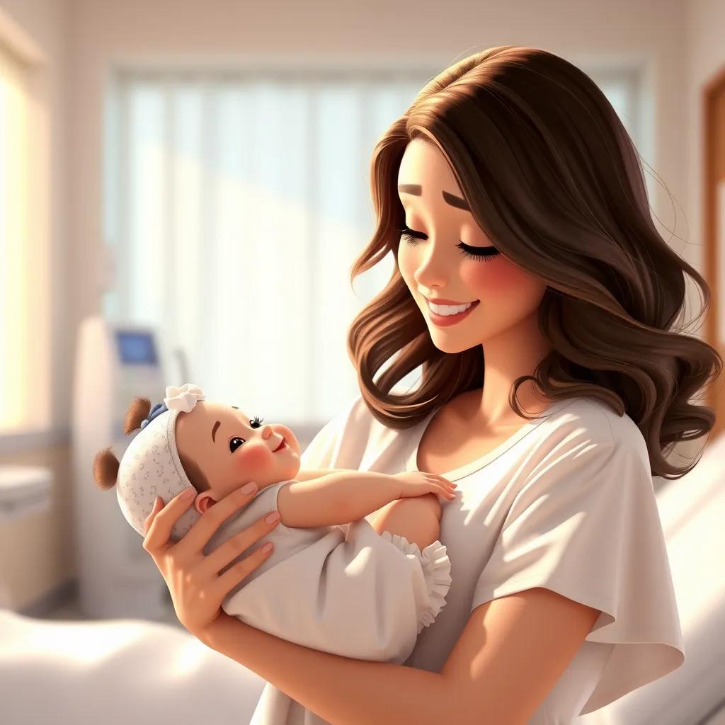 A loving mother with wavy brown hair, wearing a hospital gown, carrying a small baby girl in her arms with a joyful expression, bright hospital setting, heartwarming