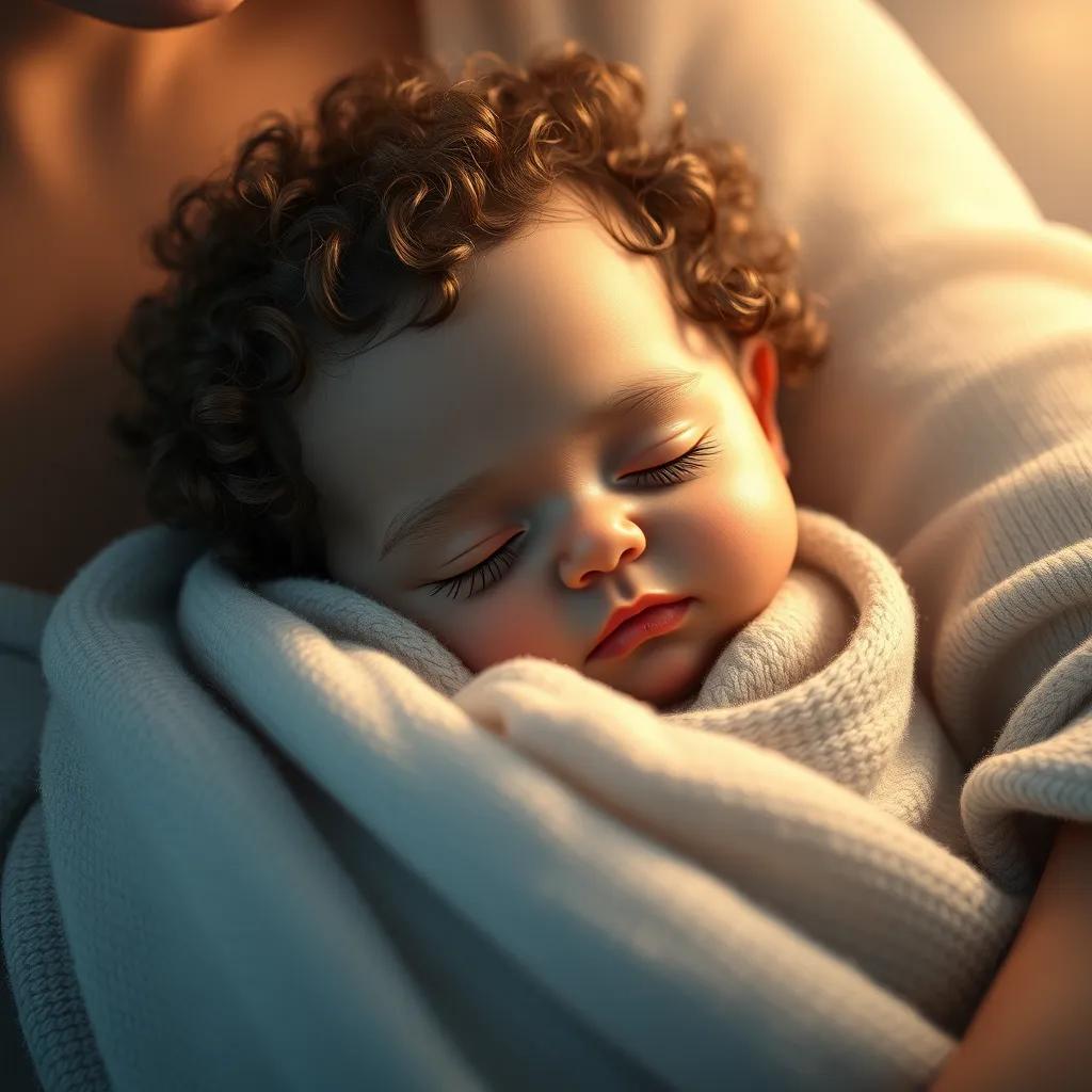 A little baby girl with curly hair wrapped in a soft blanket, sleeping peacefully in her mother's arms, soft lighting highlighting the innocence, heartwarming moment