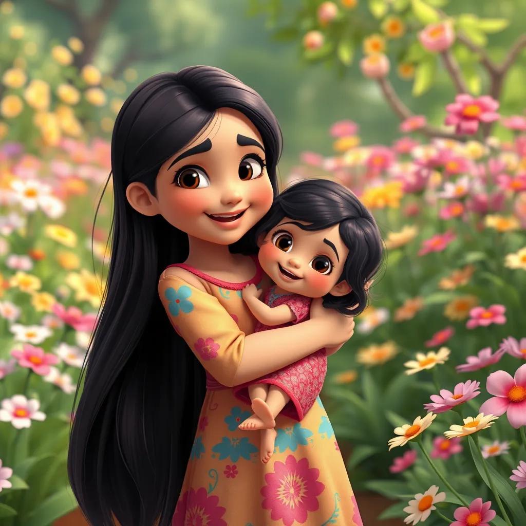 A young Arab girl with long, dark hair, wearing a colorful dress, joyfully holding her small sister in a garden filled with flowers, cheerful atmosphere, vibrant colors