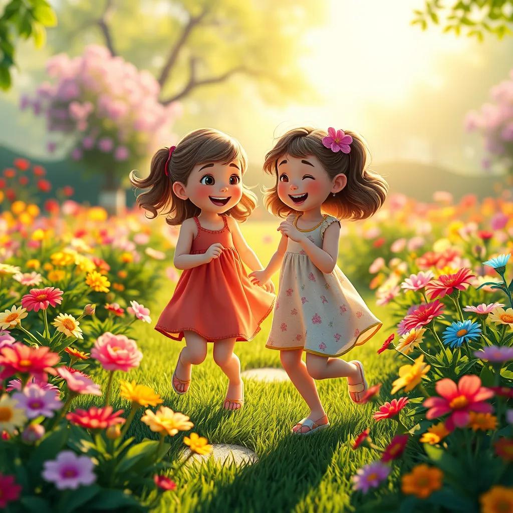 Two sisters playing together in a beautiful garden with colorful flowers, laughing and dancing under the sun, bright and joyful setting, lively colors