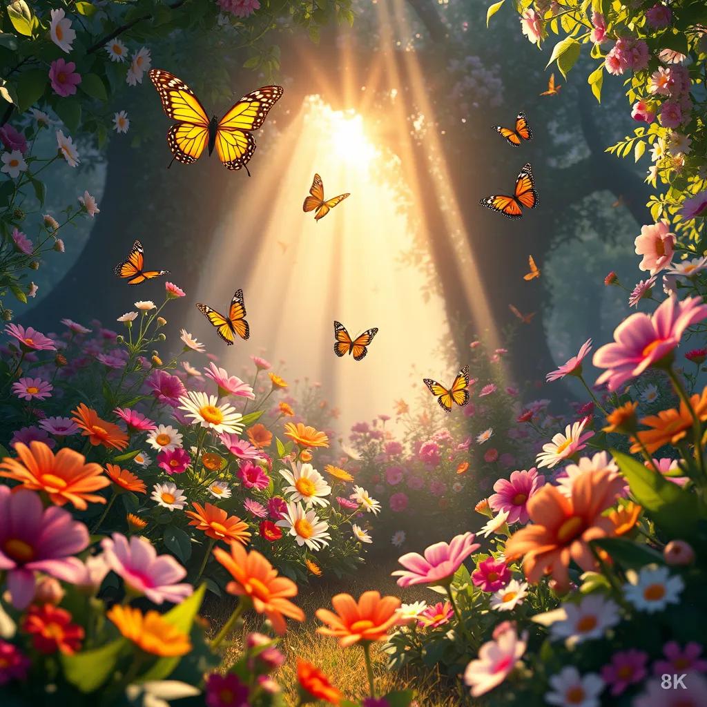 A vibrant and magical scene of a garden filled with flowers, butterflies, and sunlight shining down, creating an inviting and warm atmosphere