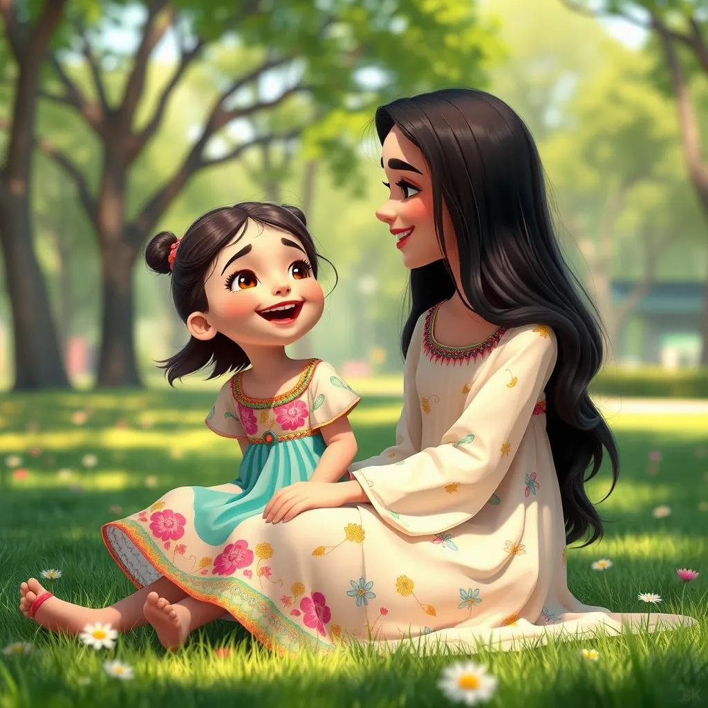 A young Arab girl with long, dark hair in a colorful dress, sitting joyfully with her little sister in a sunny park, filled with happiness and laughter, enchanting and lovely scene