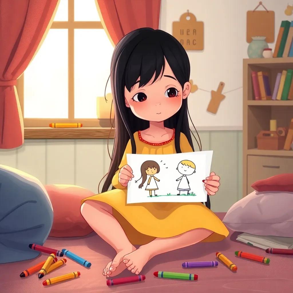 A lonely girl, Mariam, with long black hair, wearing a simple dress, sitting in her cozy room, drawing a picture of her dream sister, colorful crayons scattered around, warm light, cheerful atmosphere, digital art, inviting, high quality
