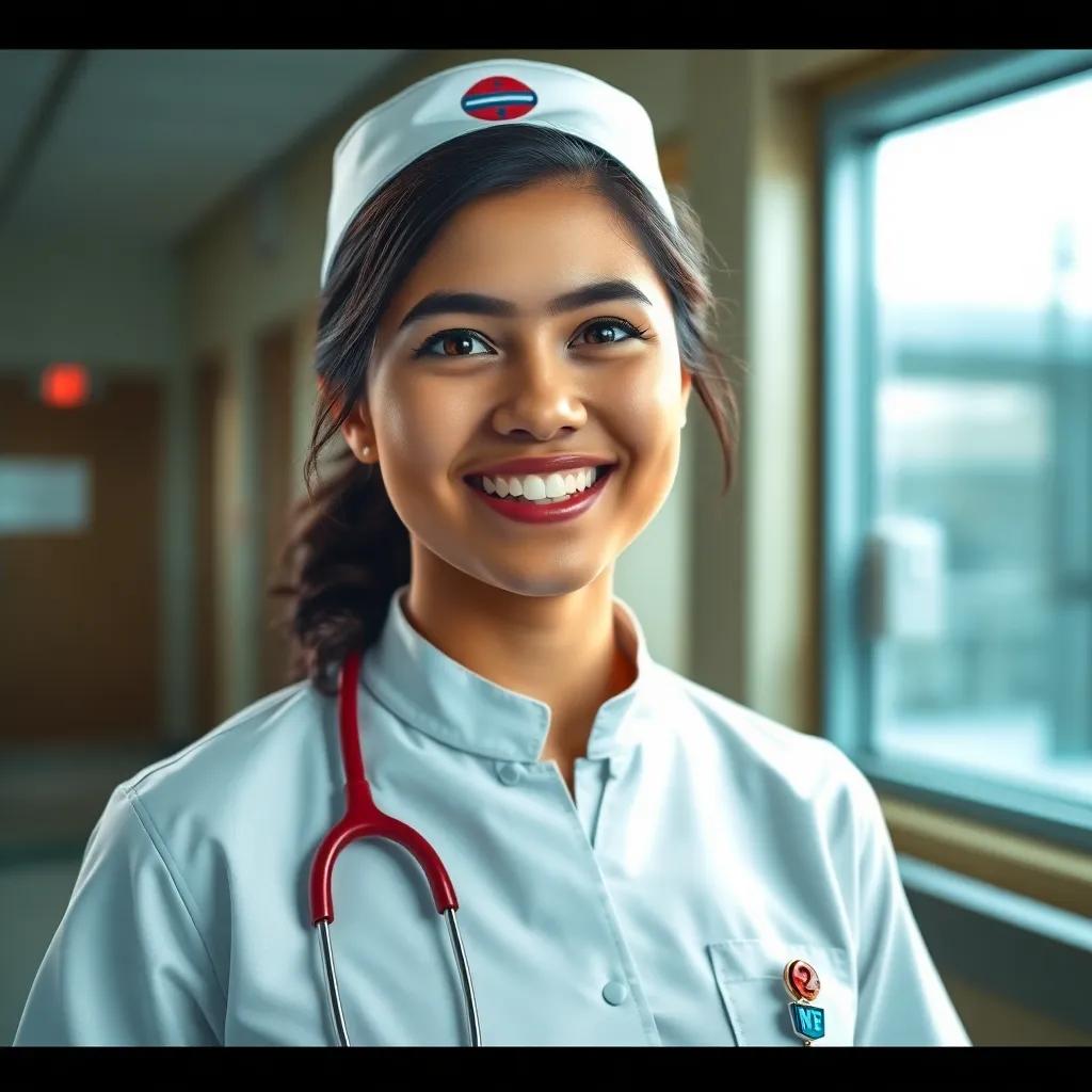 A brave nurse, Leila, wearing a white uniform, with a badge on her chest, smiling brightly as she prepares for her shift in a hospital, detailed digital art, warm colors, uplifting atmosphere, high quality