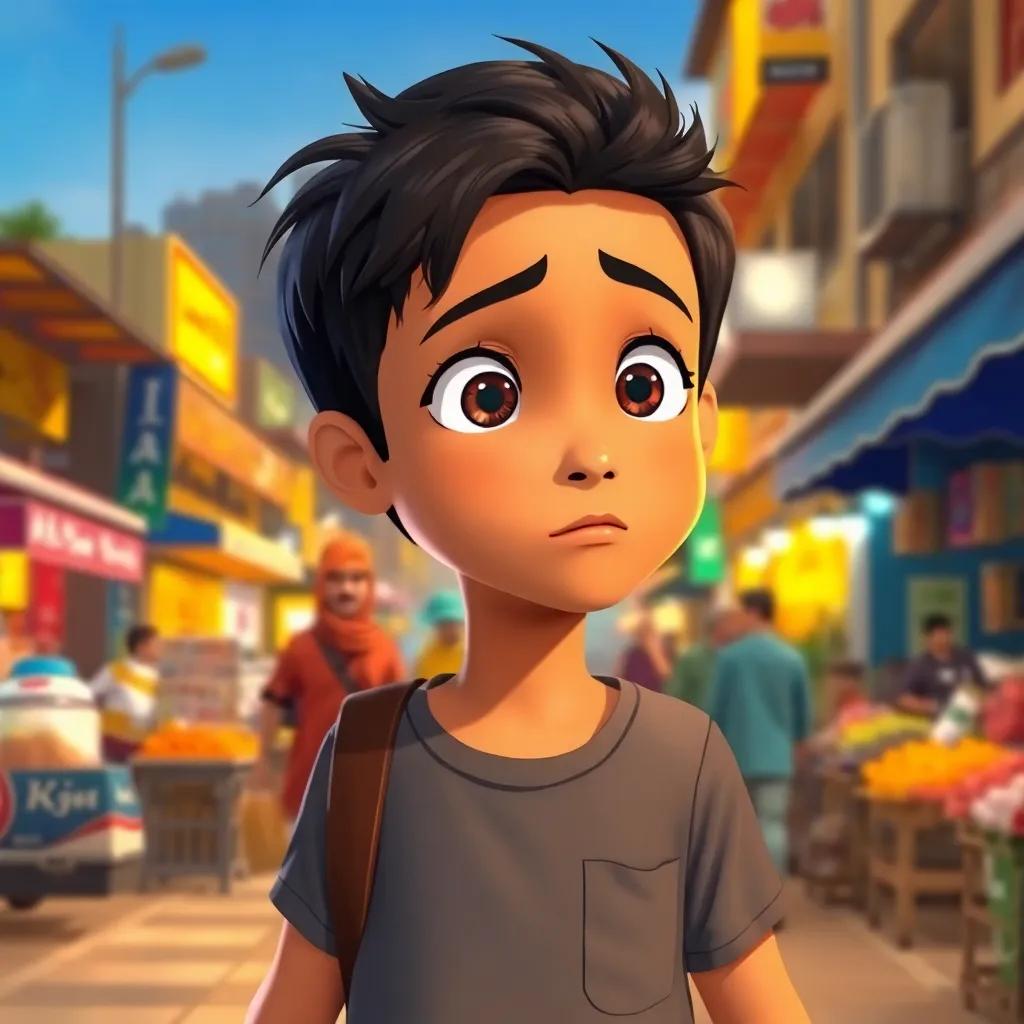 A young Arab boy, Karim, with short dark hair wearing a simple shirt, walking on the streets of a modern Arab city, showing concern, vibrant market scenes around him, digital art, lively atmosphere, warm colors, detailed, focusing on the boy's expressive face