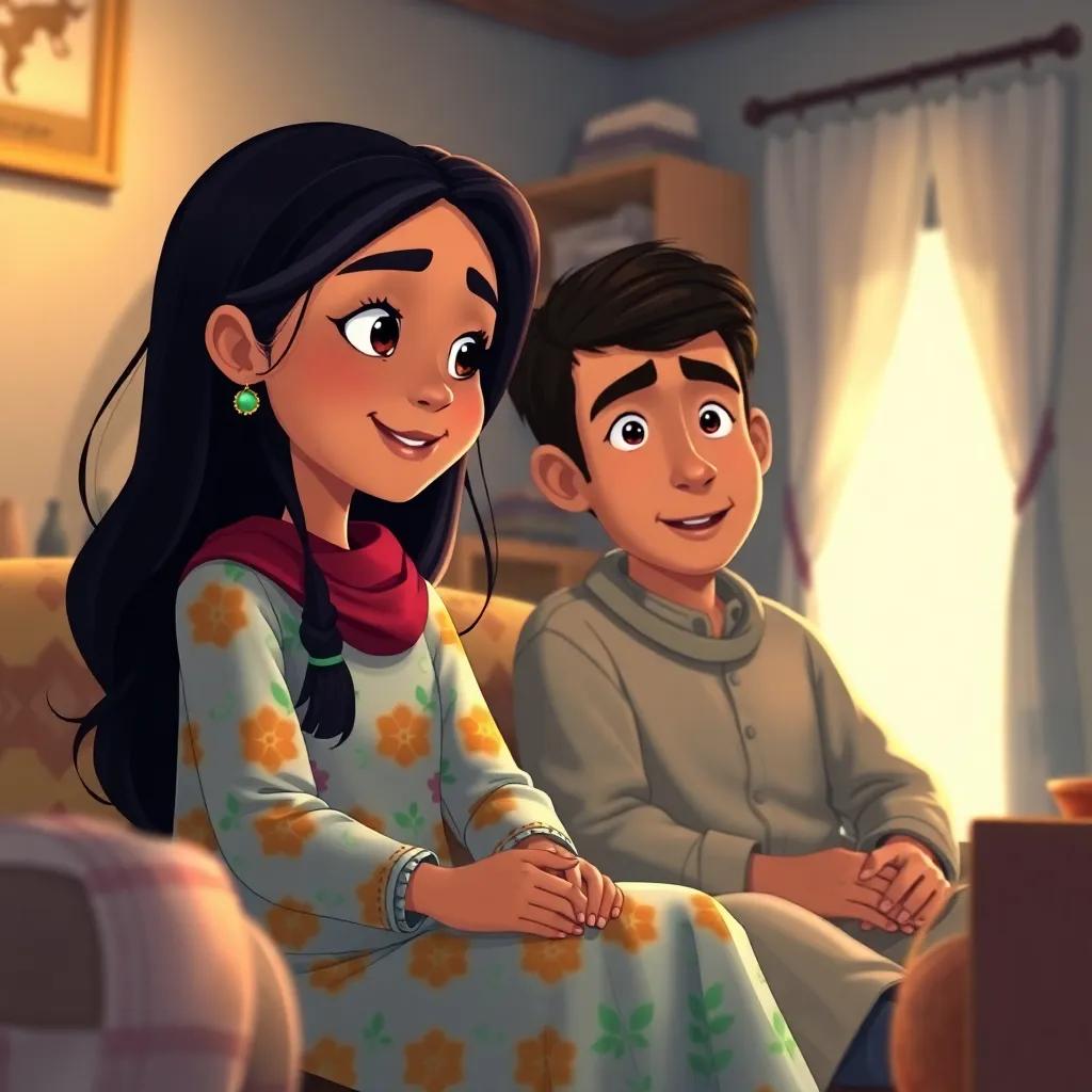 A young Arab girl, Lina, with long dark hair wearing a colorful dress, sitting with her brother Karim, looking hopeful while discussing their challenges in a cozy, small home, cozy lighting, tender atmosphere, digital illustration, emotionally engaging