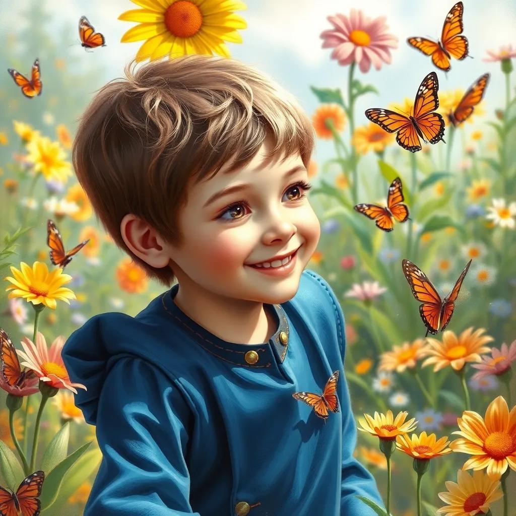 A young boy, James, with short brown hair wearing a royal blue tunic, playing in a bright and colorful garden, with flowers and butterflies around him, joyful atmosphere, vibrant colors, cheerful scene