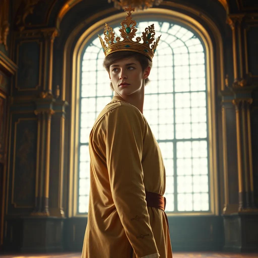 James, now a young prince with a crown, standing in a grand castle hall, with golden decorations and a large window, looking determined and thoughtful, warm light, inspirational mood