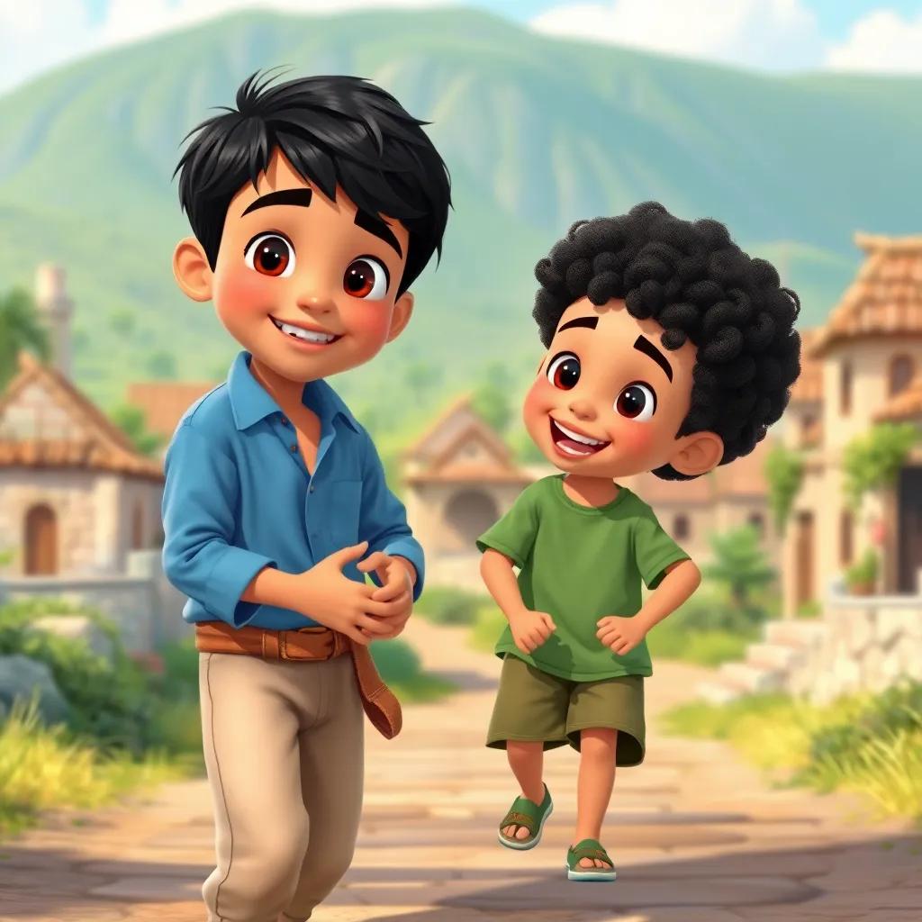 A beautiful village with two brothers, Ali a young Arab boy with short black hair, wearing a blue shirt and beige pants, playing with his younger brother Omar, who has curly black hair, wearing a green t-shirt and shorts, smiling and happy in a sunny day, serene landscape, cheerful atmosphere, digital art, child-friendly, highly detailed
