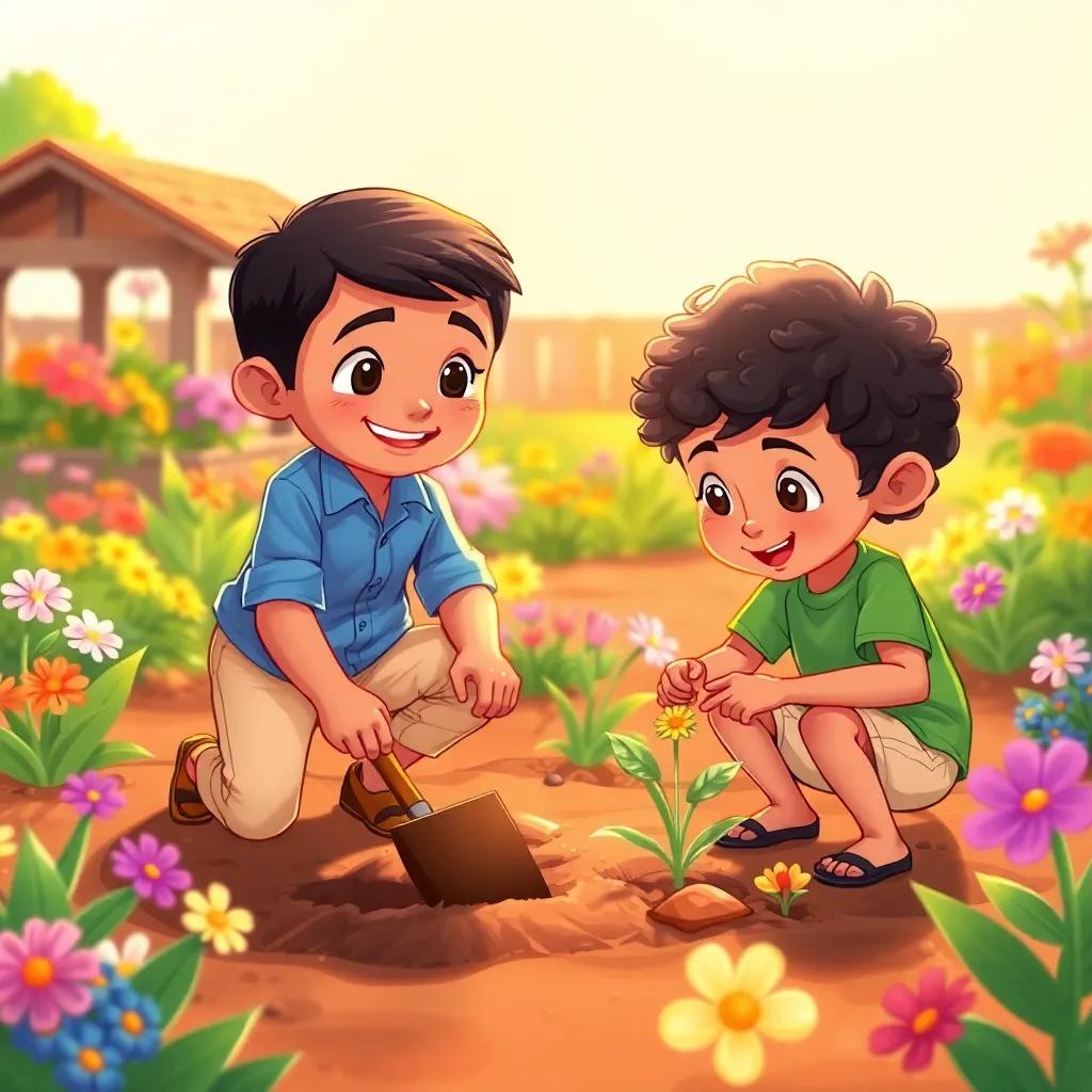 Ali a young Arab boy with short black hair, in a blue shirt and beige pants, digging the ground in a colorful garden, while Omar, a younger boy with curly black hair in a green t-shirt and shorts, planting flowers, bright sun shining, cheerful garden, colorful flowers, illustration, warm light, family values, positive vibe