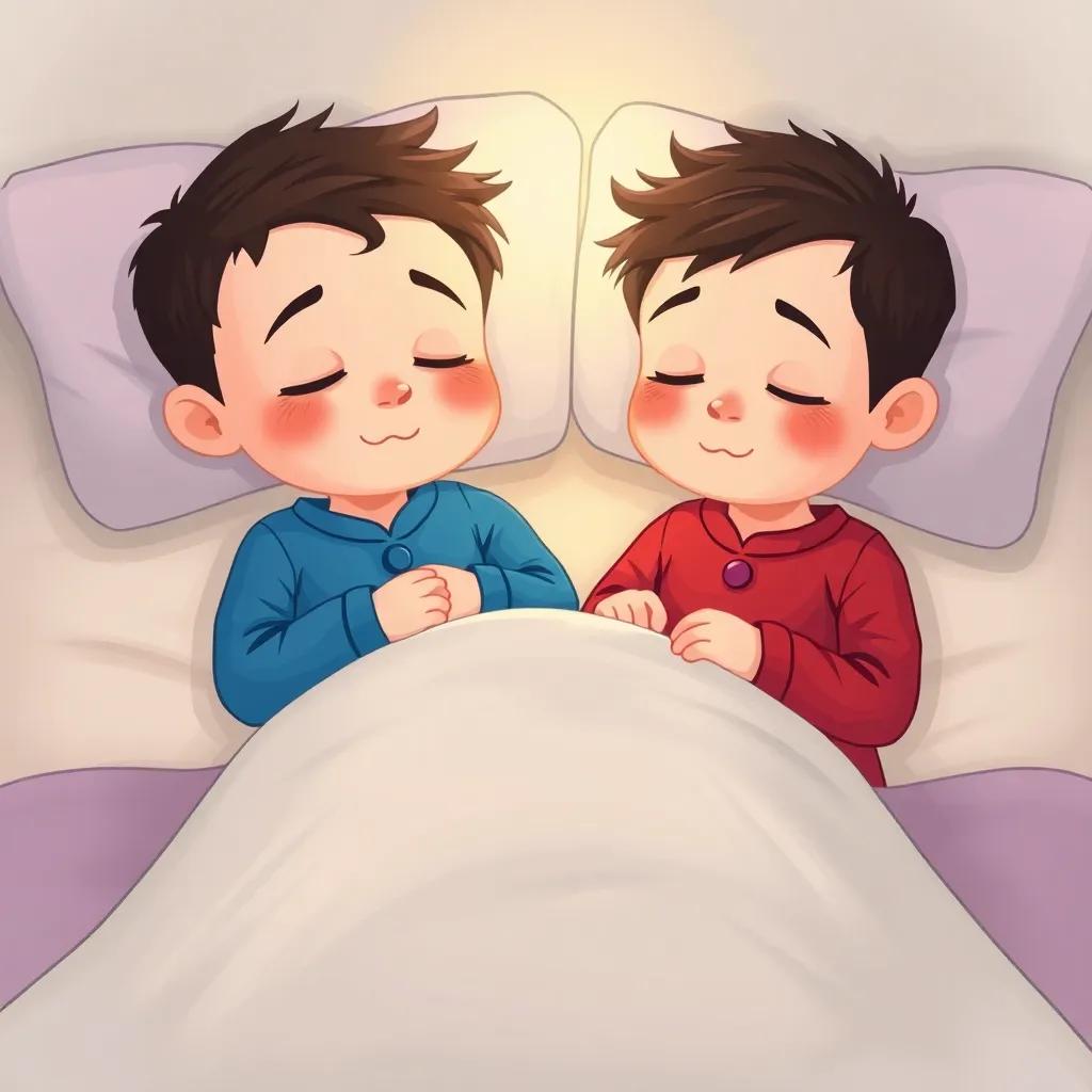 Two sleepy boys in their pajamas, one in blue and the other in red, getting into their beds with a cozy blanket, soft night light illuminating their faces, peaceful and calming setting, digital art, warm tones, child's bedtime setting, high quality