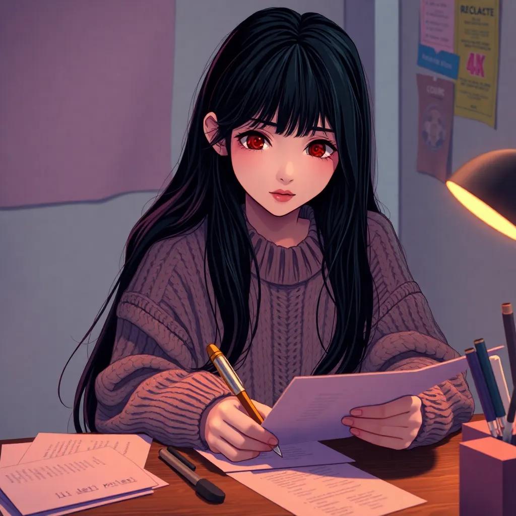 A girl, Adim, with long black hair, wearing a cozy sweater, sitting at a small desk with papers scattered, looking inspired while writing poems, warm light, colorful art, inviting atmosphere, close-up, high-quality