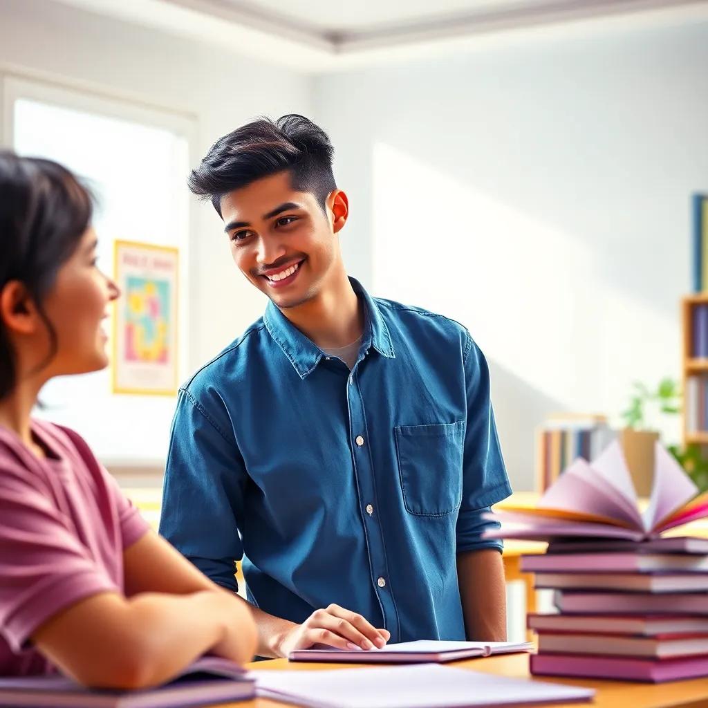 A young man, Naif, with short black hair, wearing a casual blue shirt, observing his sister Adim with a smile, surrounded by books and notes, bright room, educational theme, cheerful, vibrant colors, medium shot, friendly atmosphere