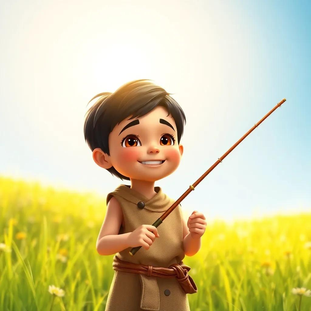 A young boy named Mohammed, with short dark hair wearing a simple tunic, standing in a sunny meadow, holding a fishing rod happily, digital art, bright colors, joyful atmosphere, high quality