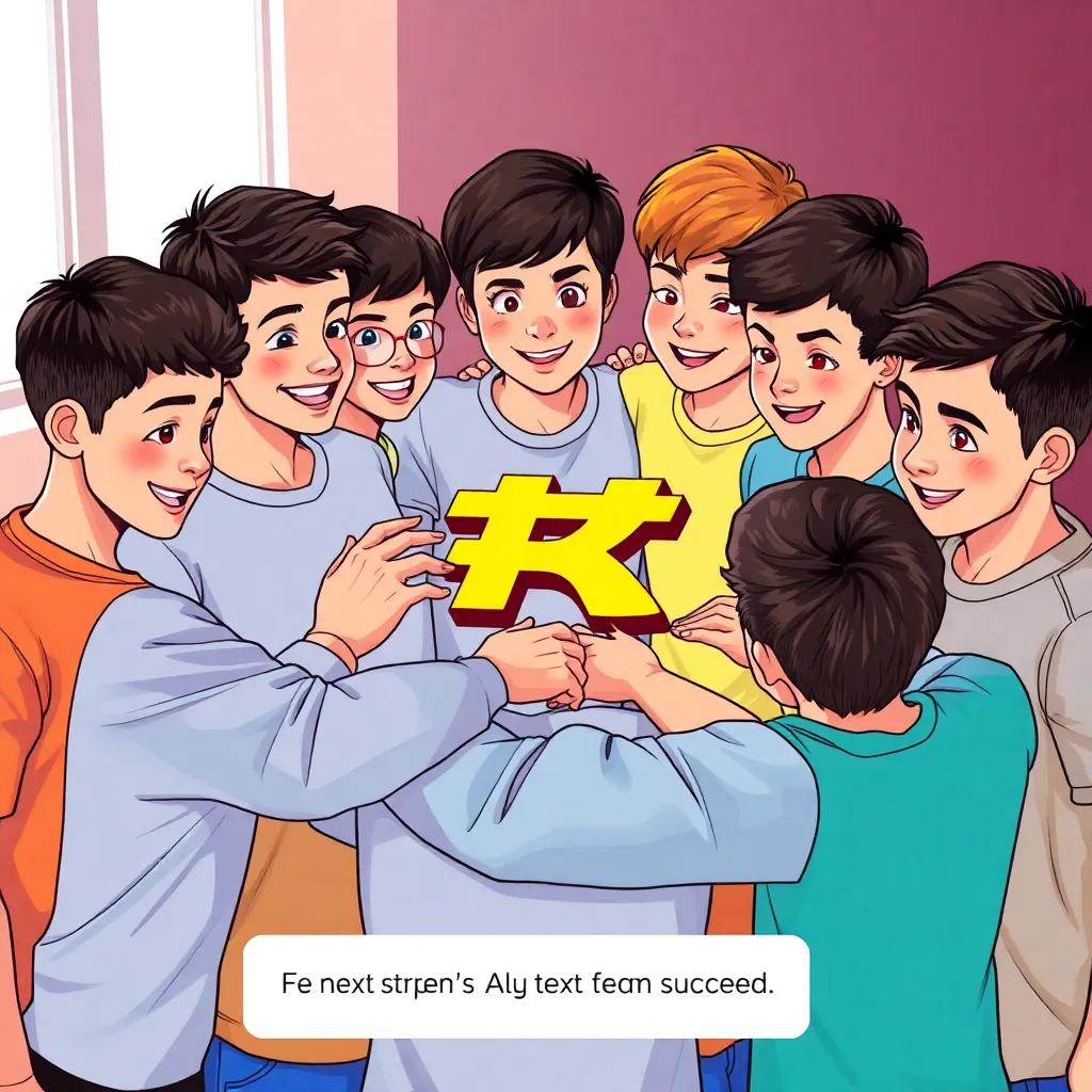 A group of young boys surrounding أخي المجاهد, with expressions of unity and strength, wearing colorful shirts, discussing their next steps to succeed, illustration, positive energy, teamwork theme, cheerful