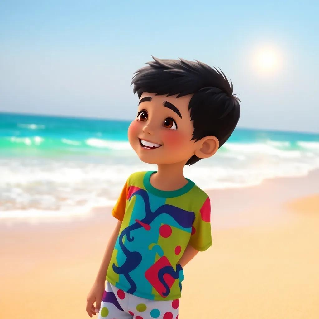 A young Moroccan boy, Ali, with short dark hair and wearing a colorful t-shirt and shorts, joyfully looking at the beach, with bright sun and gentle waves, digital art, vibrant colors, cheerful atmosphere, high quality