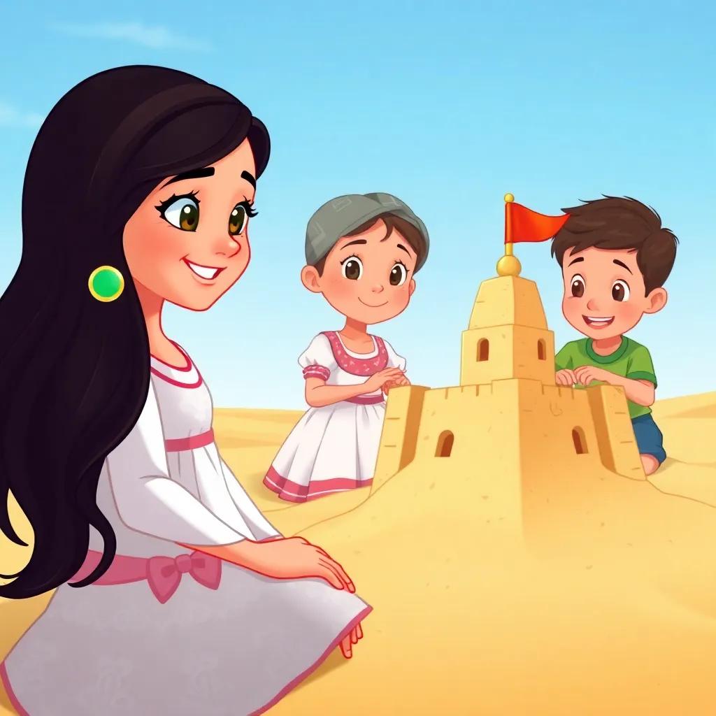 A young Moroccan girl, Layla, with long dark hair wearing a beautiful dress, smiling while building a sandcastle with her brother, golden sand and clear blue sky, illustration, playful scene, child-friendly, high quality