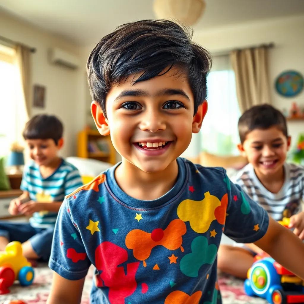 A young Arab man, Sami, with short black hair wearing a colorful t-shirt, joyfully playing with his siblings in a bright living room, filled with toys and laughter, cheerful atmosphere, highly detailed, vibrant colors, child-friendly