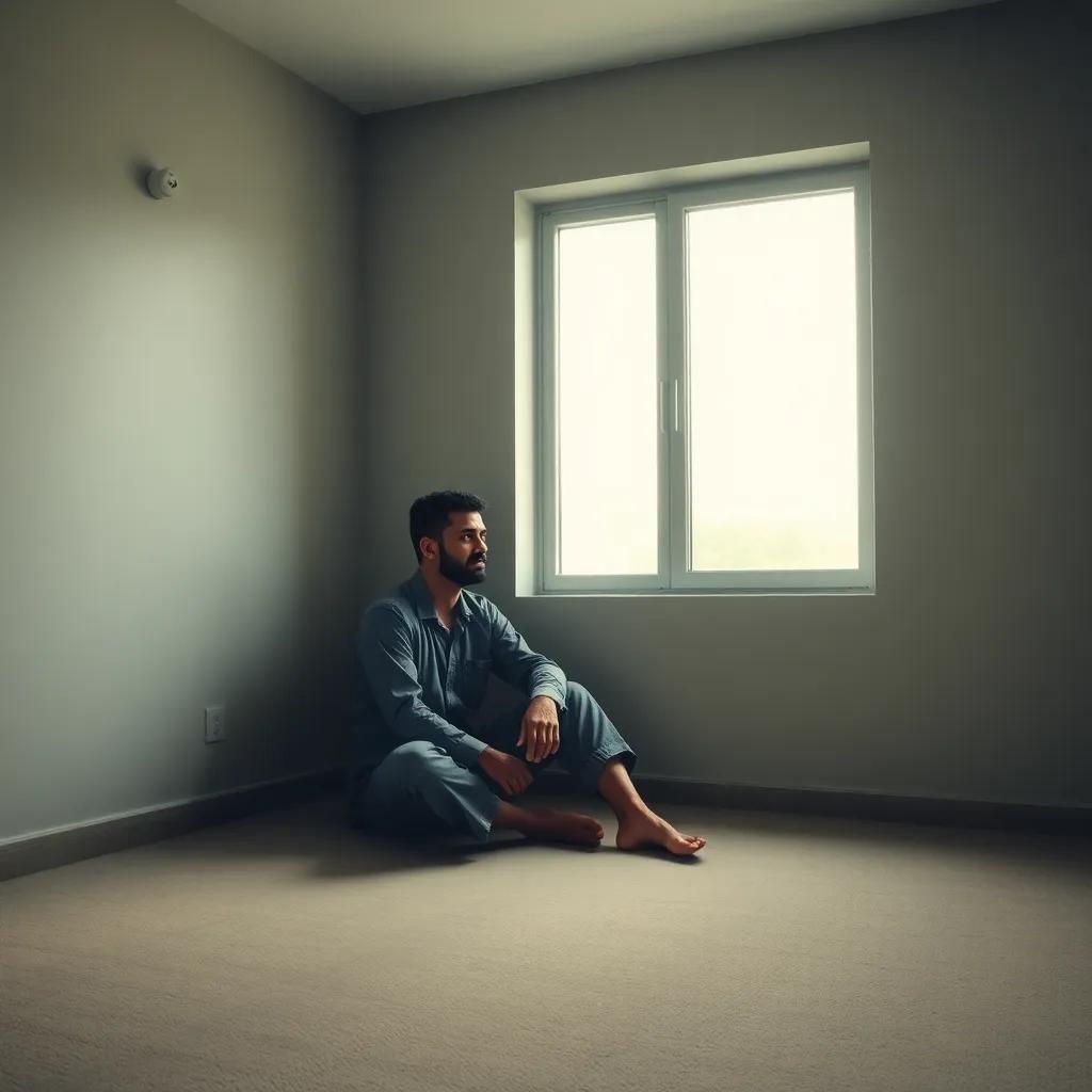 A sad young Arab man, Sami, sitting alone in a bare room with empty walls, looking out the window with a thoughtful expression, soft light coming in, a somber mood, realistic details, emotional artwork