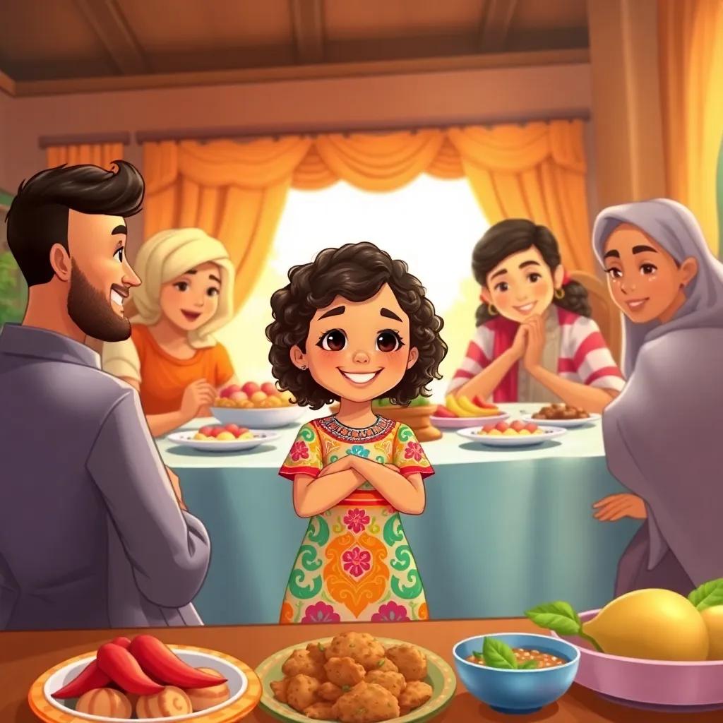 Mariam, a young Arab girl, with curly hair and wearing a colorful dress, sitting at a beautiful dining table with her family, smiling and looking at colorful dishes, detailed digital art, warm colors, inviting atmosphere, high quality