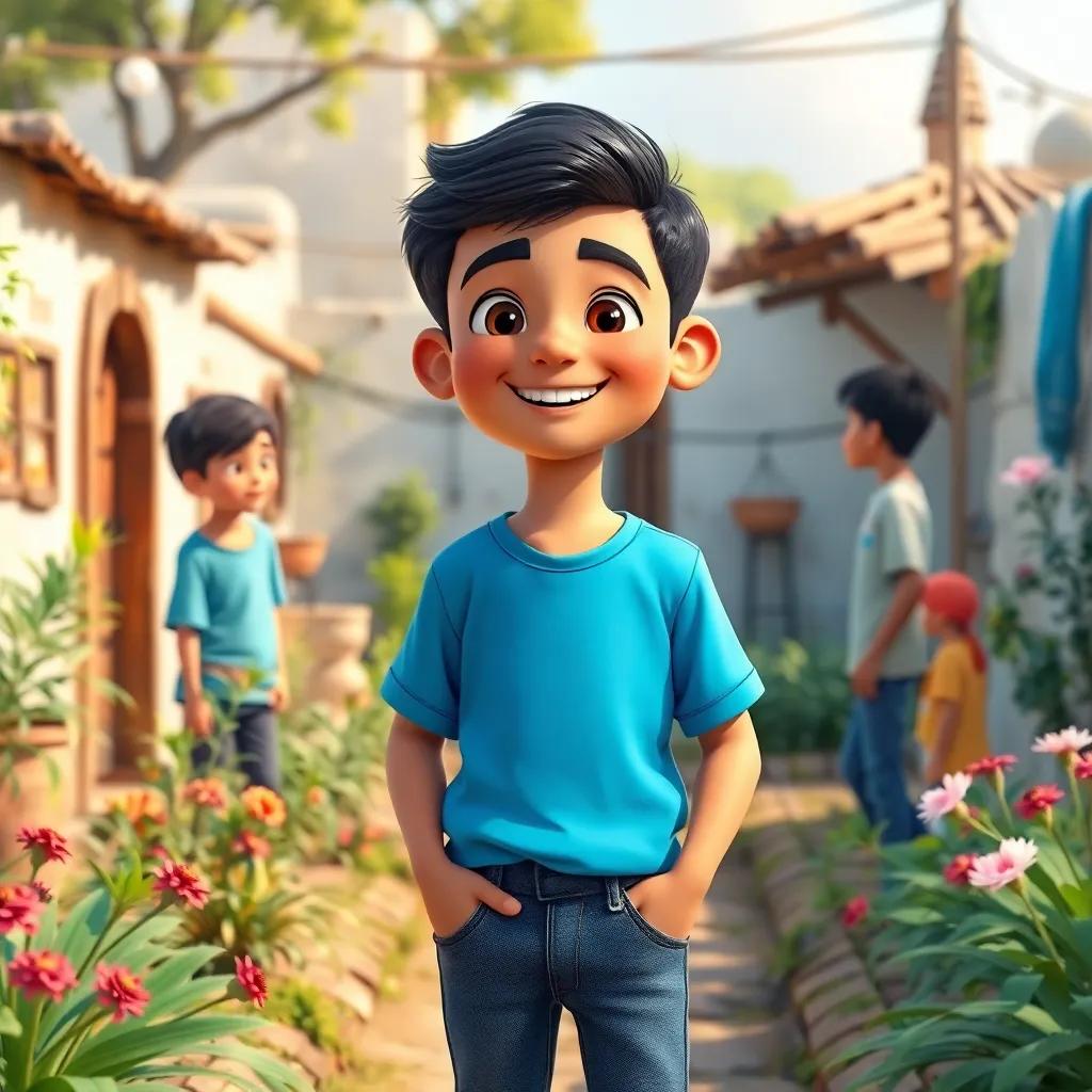 A young Arab boy, Ali, with short black hair, wearing a blue T-shirt and jeans, standing in a small village garden, smiling warmly as he gathers his friends, digital art, bright colors, cheerful atmosphere, high quality