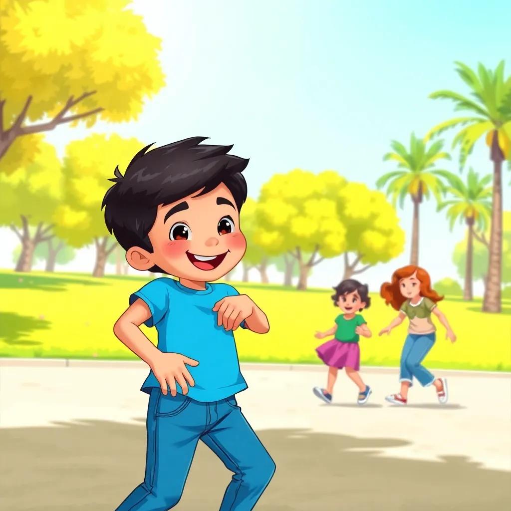 A young Arab boy, Sami, with short black hair, wearing a bright blue t-shirt and jeans, playing joyfully with friends in a sunny park, digital art, vibrant colors, cheerful atmosphere, high quality