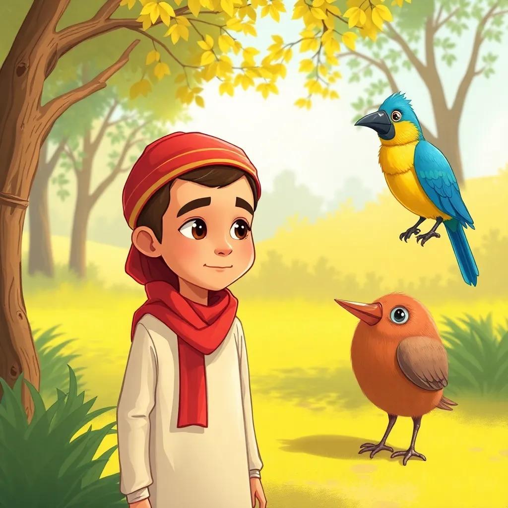 Sami, the young Arab boy, looking slightly shy, standing with his friends in the park, a colorful bird, the wise teacher, perched nearby, digital art, warm colors, inviting environment, high quality