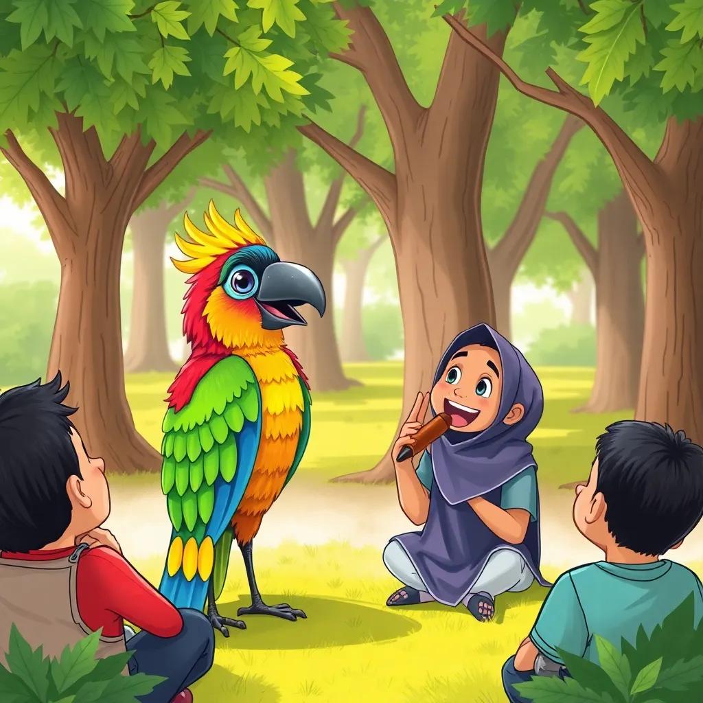 The colorful bird, a wise teacher, speaking to Sami in the park, with friends listening attentively, surrounded by trees and laughter, digital art, cheerful vibes, bright colors, high quality
