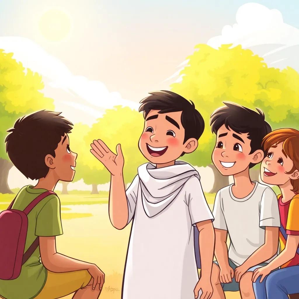 Sami, the young Arab boy, apologizing to his friends in the park, all smiling and happy, the sun shining down on them, digital art, warm tones, uplifting scene, high quality