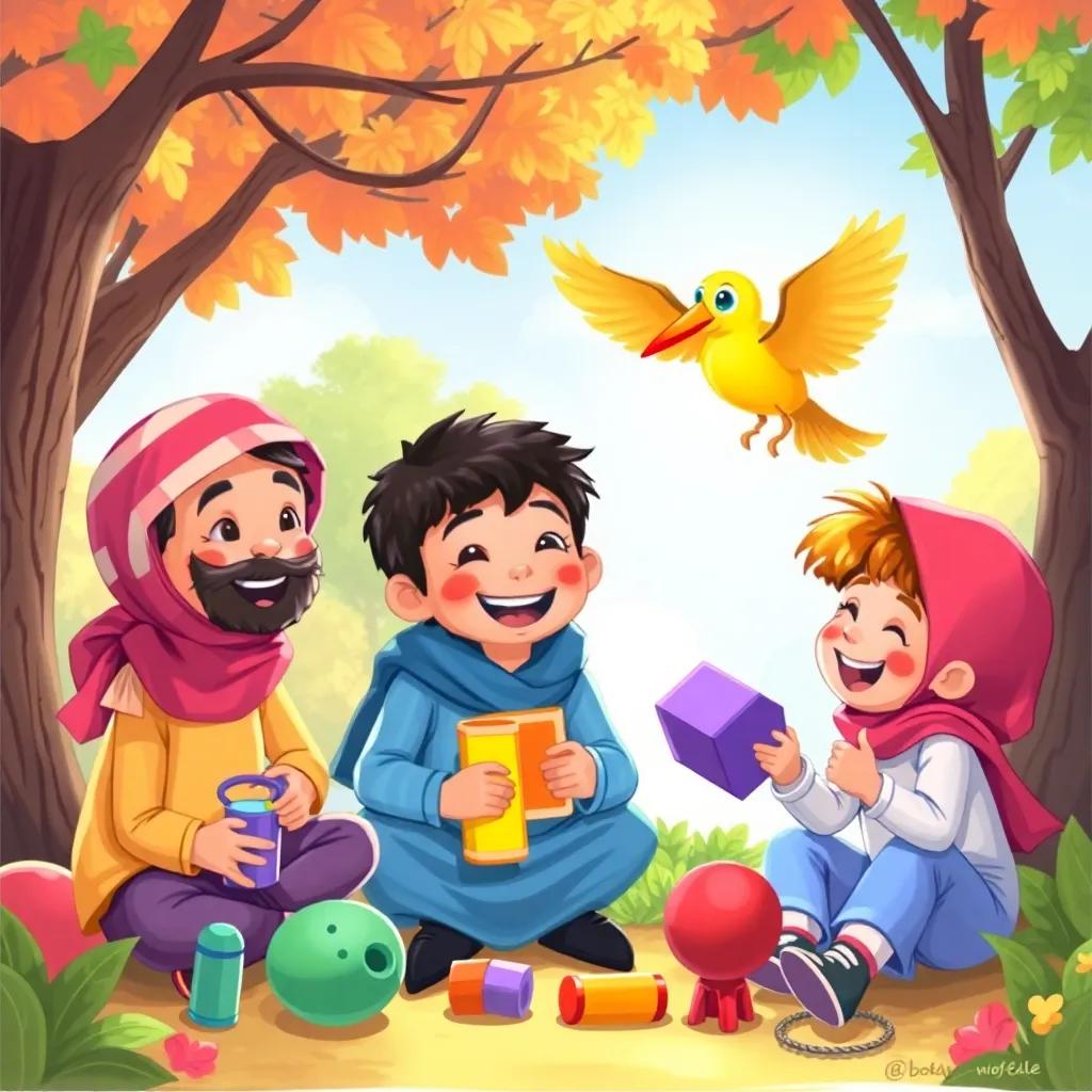 Sami and his friends sharing toys and laughing together in the park, with the friendly bird watching over them, digital art, vibrant and playful, colorful, high quality