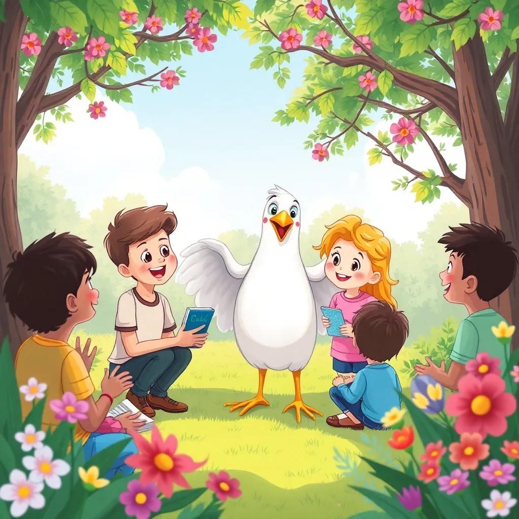 The wise bird teaching kids about kindness in the park, everyone is smiling, surrounded by flowers and greenery, digital art, joyful scene, bright colors, high quality