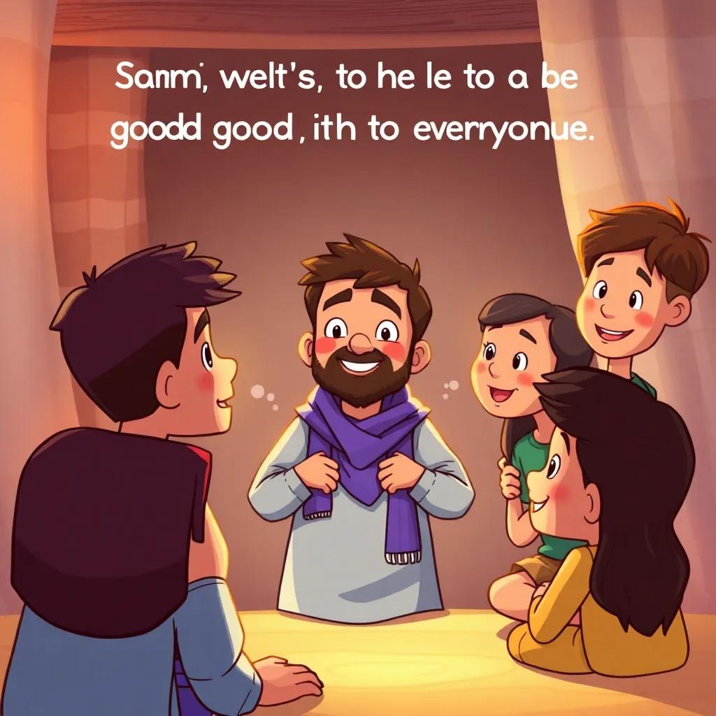Sami confidently telling his friends that he wants to be a good friend to everyone, all eagerly listening with smiles, digital art, warm lighting, friendly atmosphere, high quality